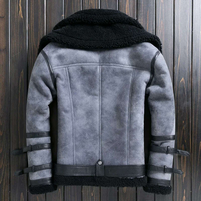 Natural Sheep Fur Coat Men's Winter New Fashion Motorcycle Jacket Double Layered Collar Gray Fur Jackets Zipper Warm Outwears FC - KIMLUD