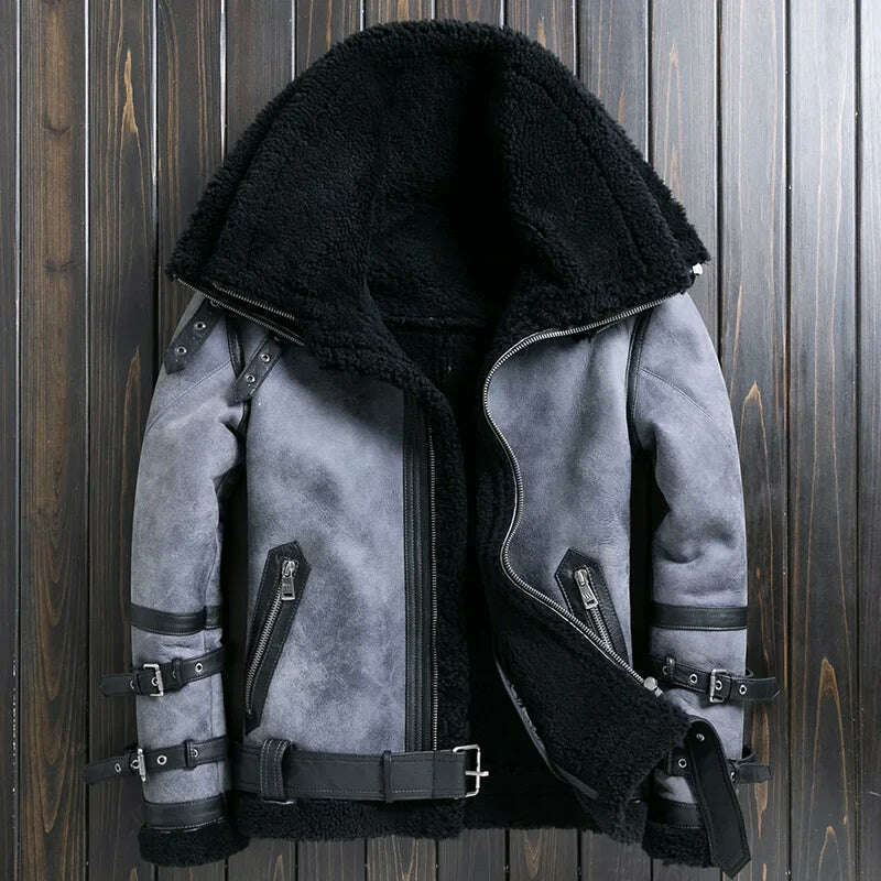 Natural Sheep Fur Coat Men's Winter New Fashion Motorcycle Jacket Double Layered Collar Gray Fur Jackets Zipper Warm Outwears FC - KIMLUD