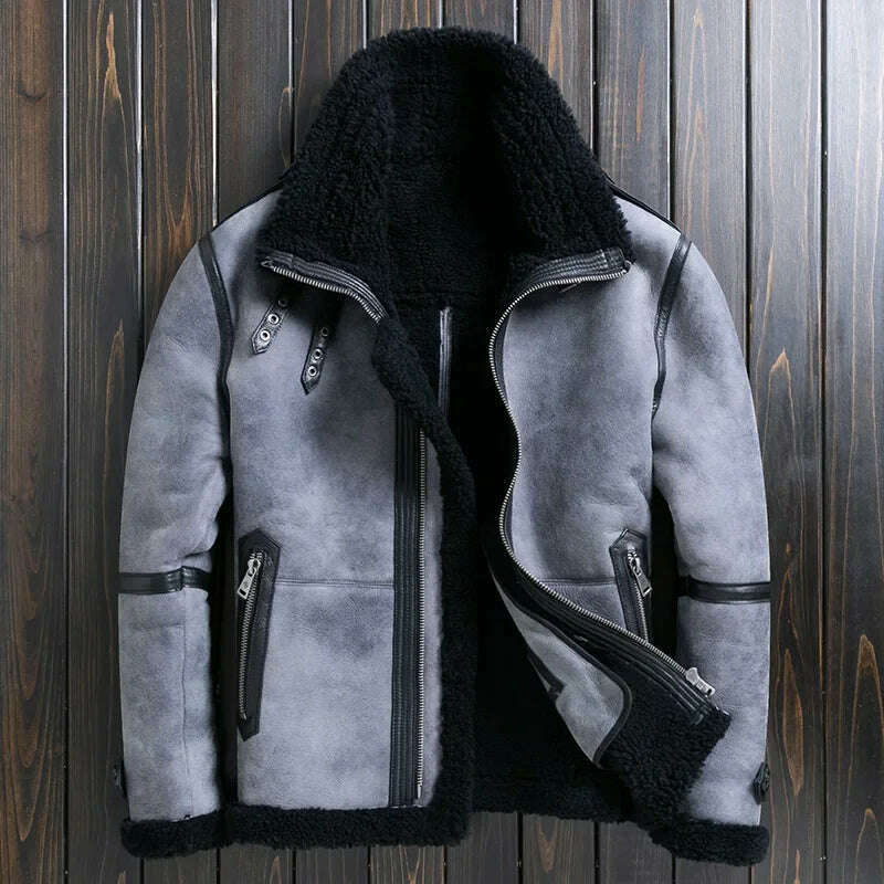 Natural Sheep Fur Coat Men's Winter New Fashion Motorcycle Jacket Double Layered Collar Gray Fur Jackets Zipper Warm Outwears FC - KIMLUD