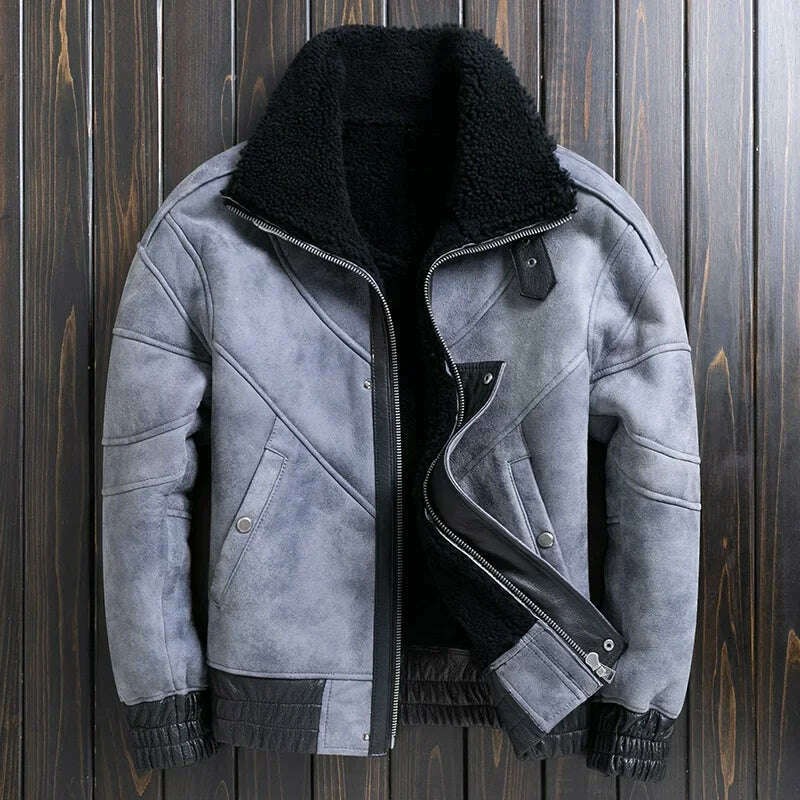 Natural Sheep Fur Coat Men's Winter New Fashion Motorcycle Jacket Double Layered Collar Gray Fur Jackets Zipper Warm Outwears FC - KIMLUD