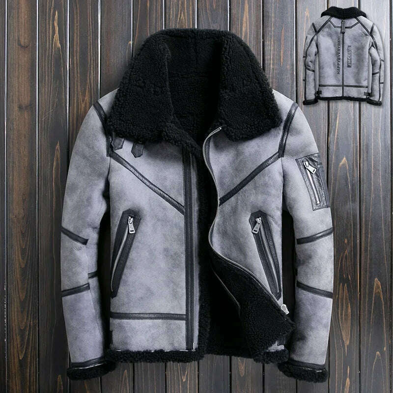 Natural Sheep Fur Coat Men's Winter New Fashion Motorcycle Jacket Double Layered Collar Gray Fur Jackets Zipper Warm Outwears FC - KIMLUD
