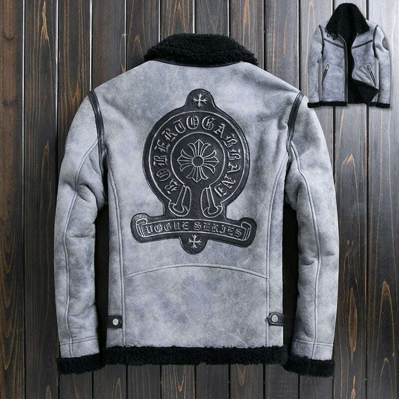 Natural Sheep Fur Coat Men's Winter New Fashion Motorcycle Jacket Double Layered Collar Gray Fur Jackets Zipper Warm Outwears FC - KIMLUD