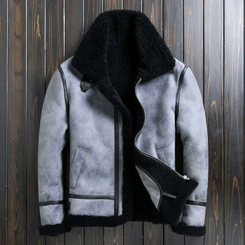 Natural Sheep Fur Coat Men's Winter New Fashion Motorcycle Jacket Double Layered Collar Gray Fur Jackets Zipper Warm Outwears FC - KIMLUD