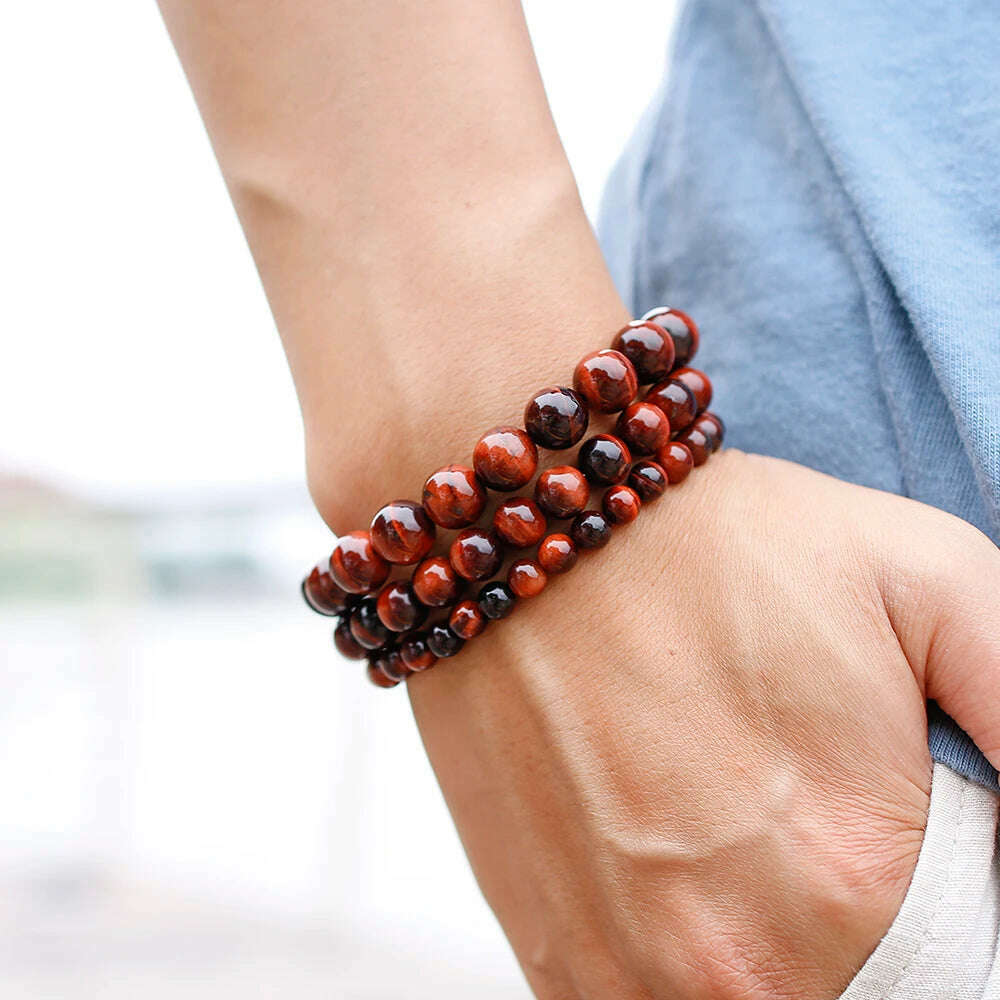Natural Stone Beads Red Tiger Eye Bracelet Strand Beaded Mens Buddha Bracelet For Women Male Yoga Handmade Jewelry - KIMLUD