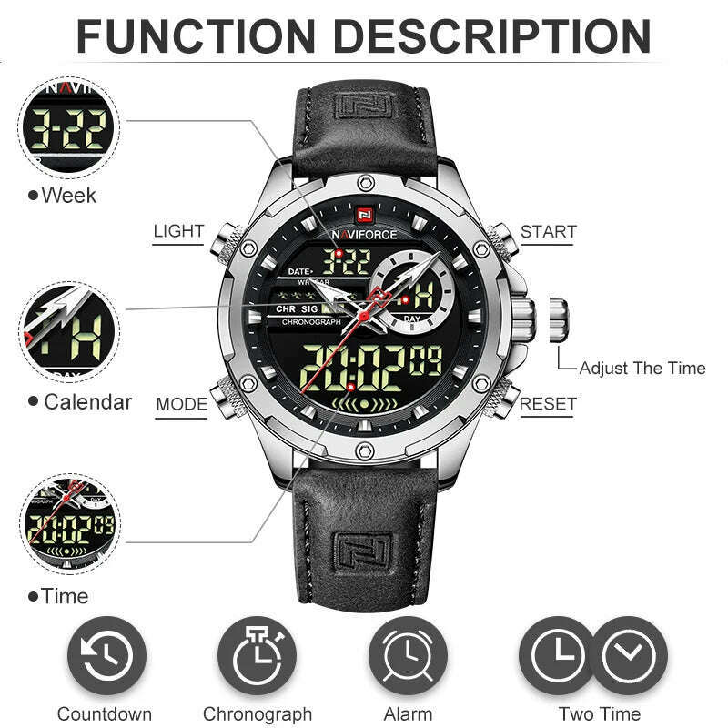 NAVIFORCE Military Watches for Men Fashion Sport Chronograph Alarm Wristwatch Waterproof Quartz Big Clock Digital Male Watch - KIMLUD
