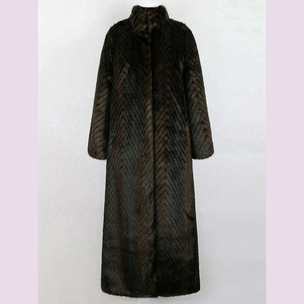 KIMLUD, Nerazzurri Winter Extra Long Thick Warm Luxury Elegant Striped Fluffy Faux Mink Fur Coat Women Stand Collar Maxi Overcoat 2022, Brown / M, KIMLUD APPAREL - Womens Clothes