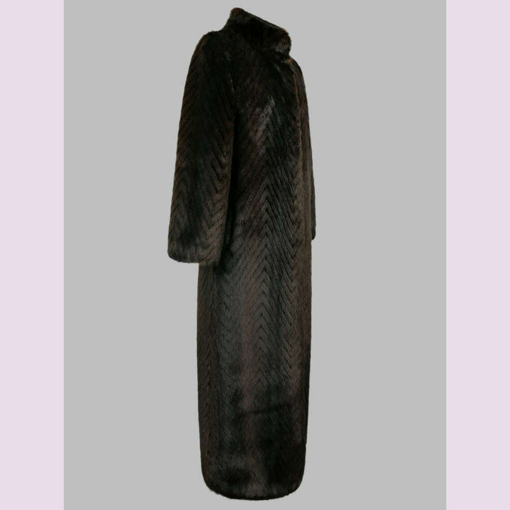 KIMLUD, Nerazzurri Winter Extra Long Thick Warm Luxury Elegant Striped Fluffy Faux Mink Fur Coat Women Stand Collar Maxi Overcoat 2022, KIMLUD Womens Clothes