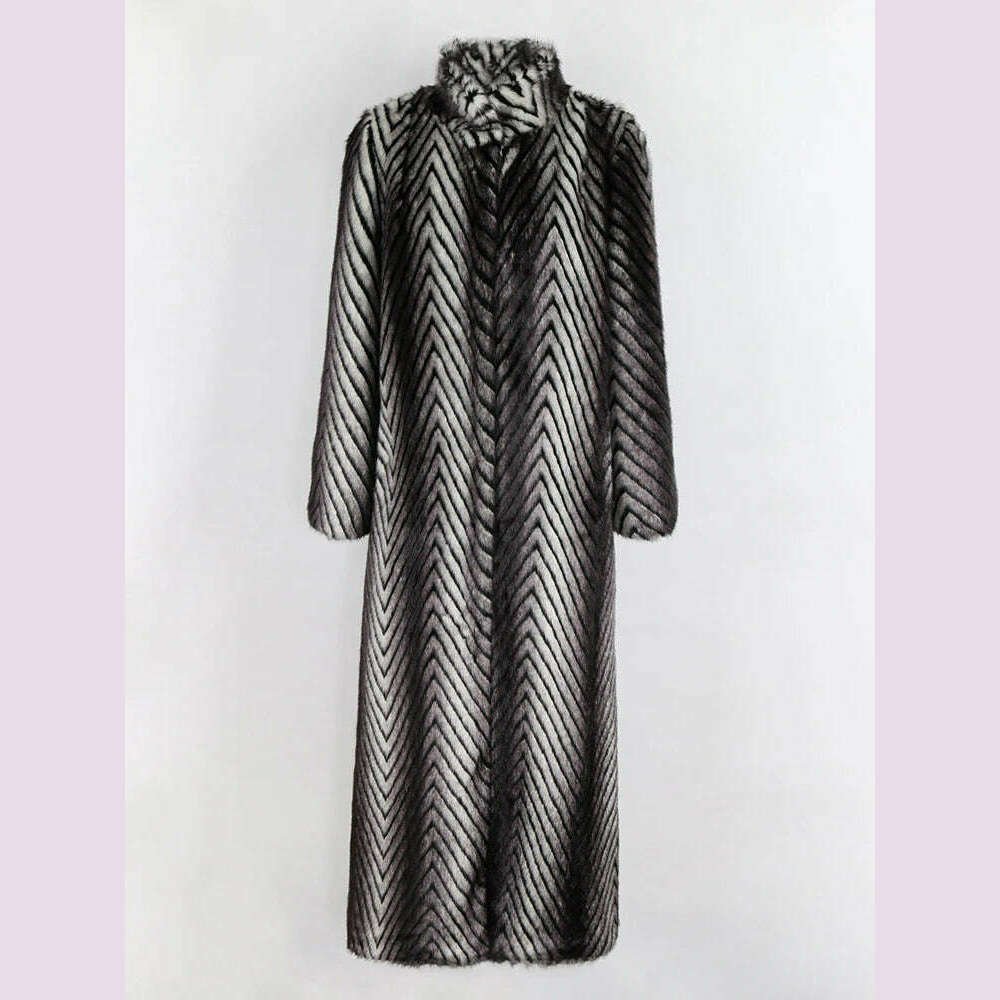 KIMLUD, Nerazzurri Winter Extra Long Thick Warm Luxury Elegant Striped Fluffy Faux Mink Fur Coat Women Stand Collar Maxi Overcoat 2022, White / XL, KIMLUD APPAREL - Womens Clothes