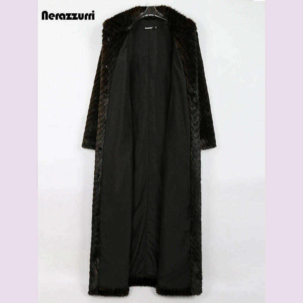 KIMLUD, Nerazzurri Winter Extra Long Thick Warm Luxury Elegant Striped Fluffy Faux Mink Fur Coat Women Stand Collar Maxi Overcoat 2022, KIMLUD Womens Clothes