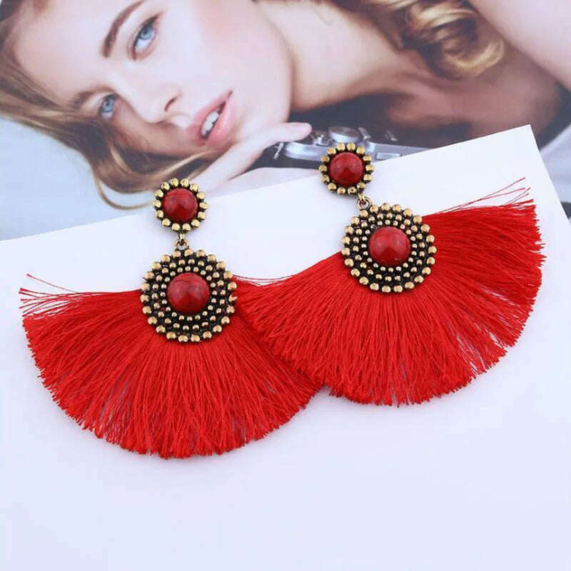 New Boho Tassel Earrings for Women Fan Shape Exaggerated Beads Vintage Ethnic Dangle Earrings Wild Ear Jewelry boucle oreille - KIMLUD