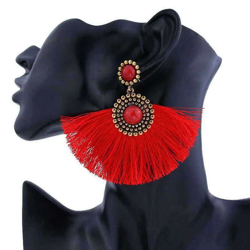 New Boho Tassel Earrings for Women Fan Shape Exaggerated Beads Vintage Ethnic Dangle Earrings Wild Ear Jewelry boucle oreille - KIMLUD
