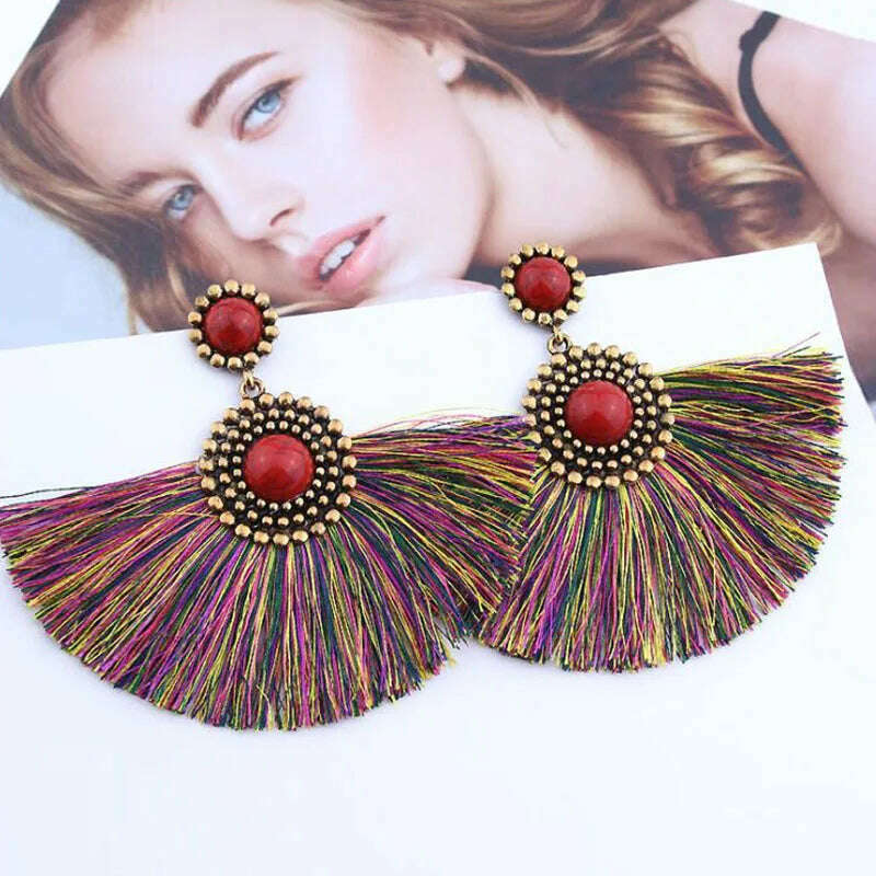 New Boho Tassel Earrings for Women Fan Shape Exaggerated Beads Vintage Ethnic Dangle Earrings Wild Ear Jewelry boucle oreille - KIMLUD