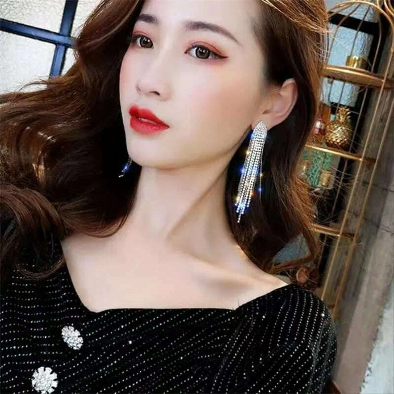 New Classic Shiny Crystal Earrings Ladies Exaggerated Long Earrings Tassels Rhinestone Earrings Fashion Korean Earrings Jewelry - KIMLUD