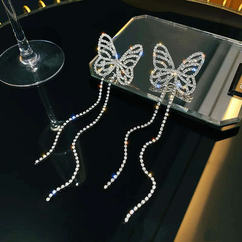 New Classic Shiny Crystal Earrings Ladies Exaggerated Long Earrings Tassels Rhinestone Earrings Fashion Korean Earrings Jewelry - KIMLUD