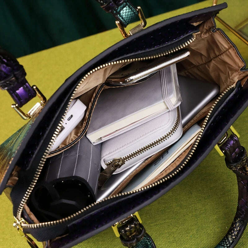 New fashion panelled serpentine bags for women leather handbag designer high quality large capacity tote bag top handle clutch - KIMLUD