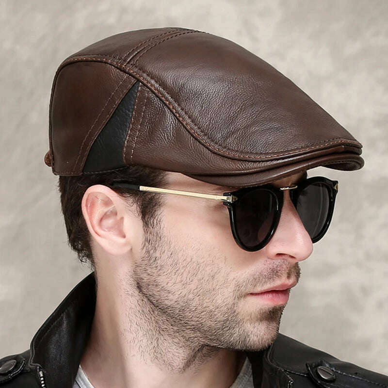New Men's outdoor leather hat winter Berets male Multifunction Ear protection cap 100% genuine leather dad hat Leisure - KIMLUD