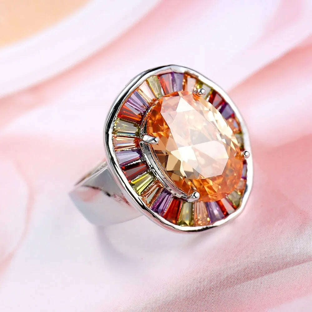 New Statement Bridal Big Round Colorful CZ Finger 925 Sterling Silver Rings Champagne Cubic Zircon Jewelry for Women Party Gift - KIMLUD