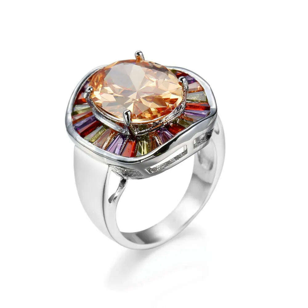 New Statement Bridal Big Round Colorful CZ Finger 925 Sterling Silver Rings Champagne Cubic Zircon Jewelry for Women Party Gift - KIMLUD