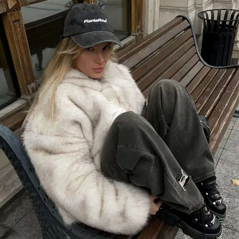 KIMLUD, New Street Style Long Plush Coat Women With Thick Warm Cold Autumn Winter Faux Fur Coat High-Quality Fluffy Dyed Fox Fur Jacket, KIMLUD Womens Clothes