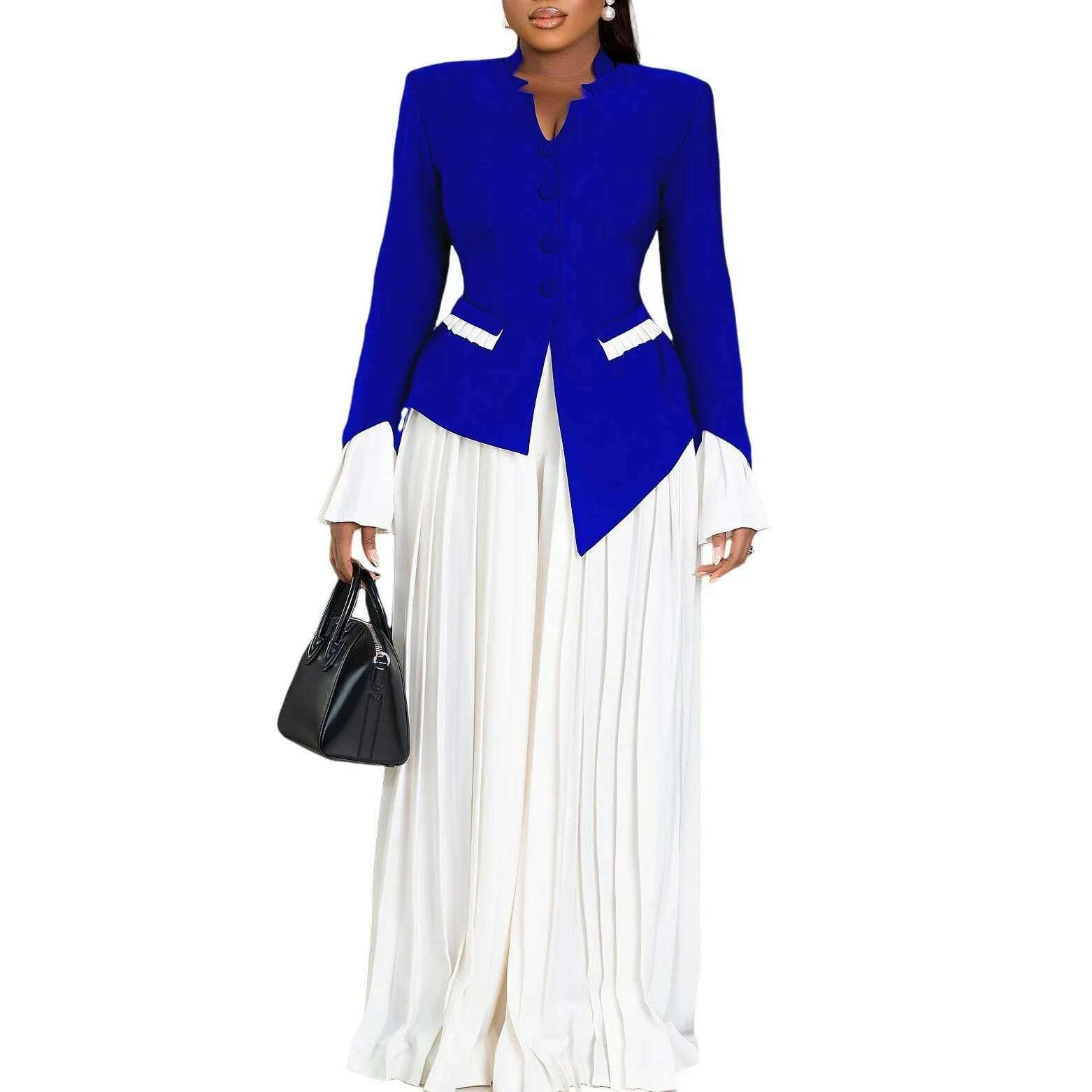 New Stylish Flared Sleeve Top Pleated Wide-leg Pants Two-piece African Suit - KIMLUD