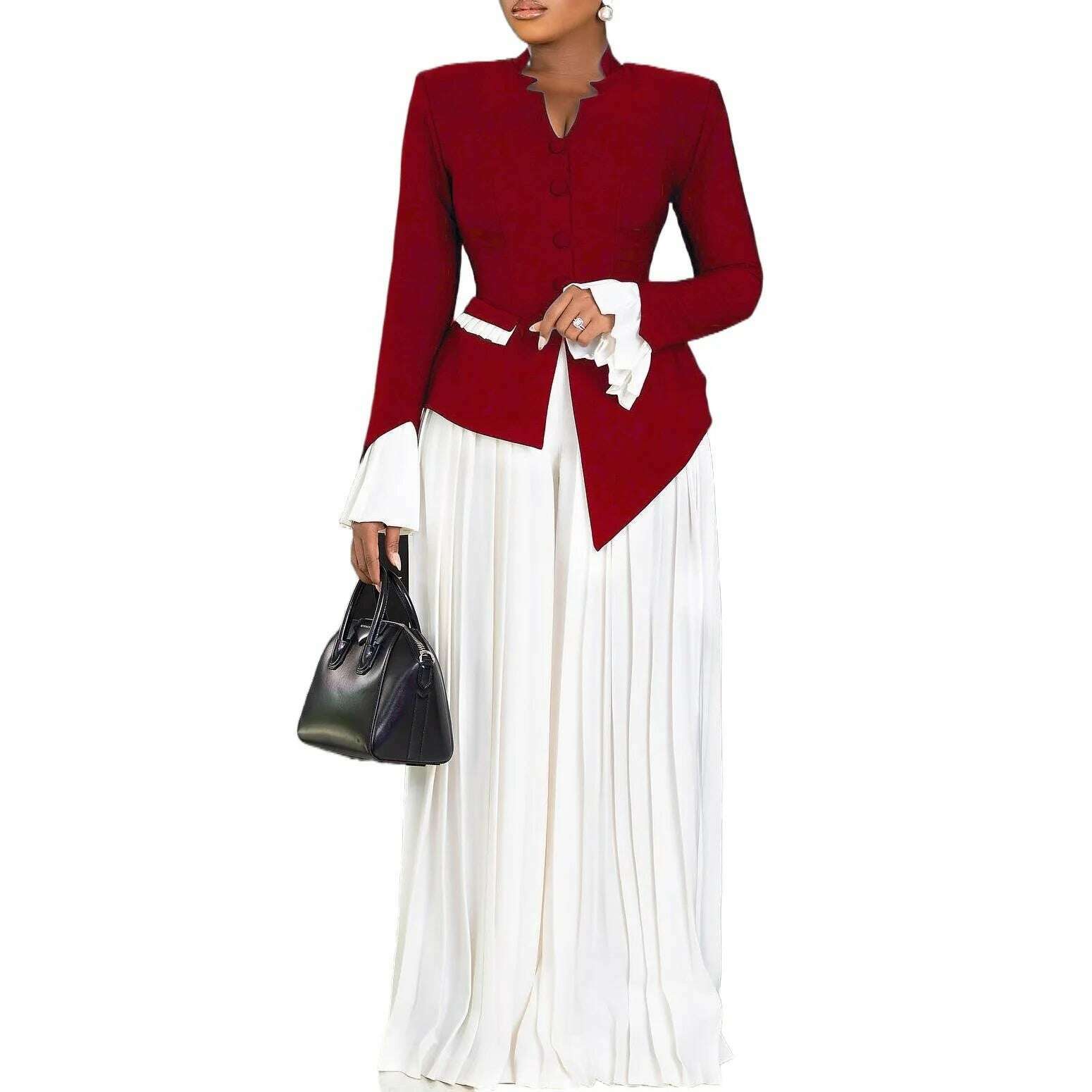 New Stylish Flared Sleeve Top Pleated Wide-leg Pants Two-piece African Suit - KIMLUD