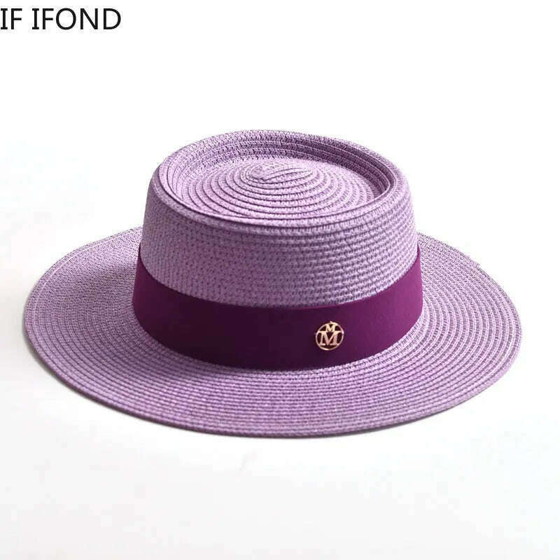New Summer Straw Sun Hats for Women Ladies Fashion Flat Brim Ribbon Beach Hat Travel Dress Cap chapeau femme - KIMLUD