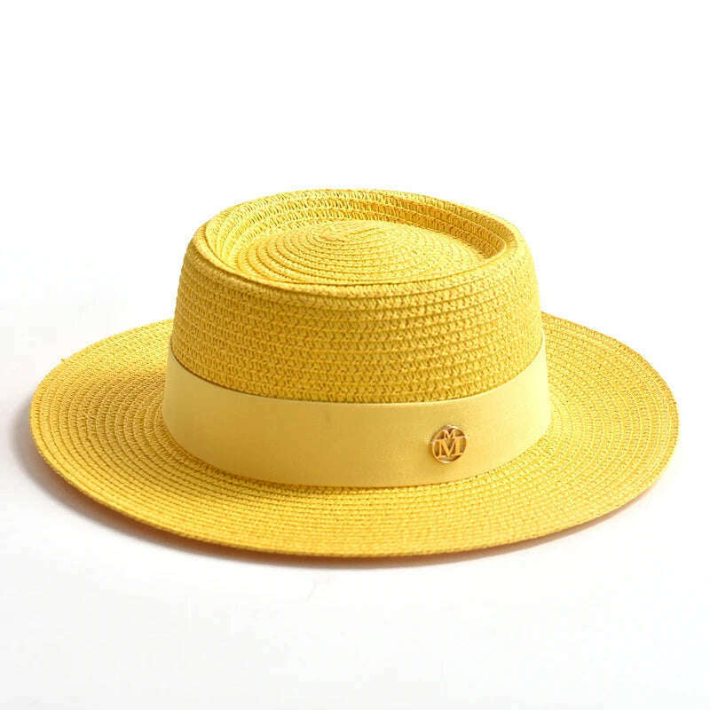 New Summer Straw Sun Hats for Women Ladies Fashion Flat Brim Ribbon Beach Hat Travel Dress Cap chapeau femme - KIMLUD