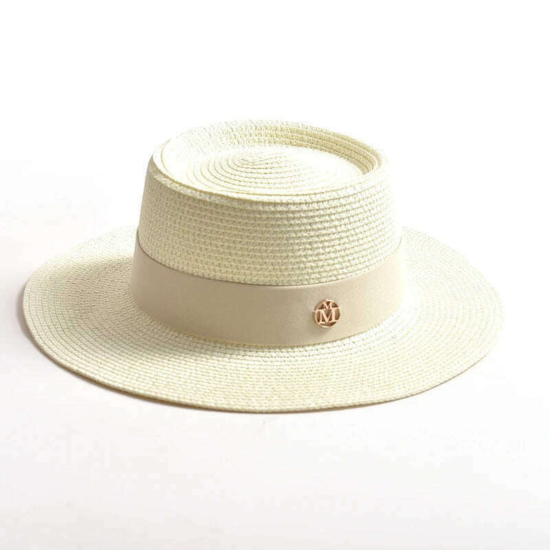 New Summer Straw Sun Hats for Women Ladies Fashion Flat Brim Ribbon Beach Hat Travel Dress Cap chapeau femme - KIMLUD