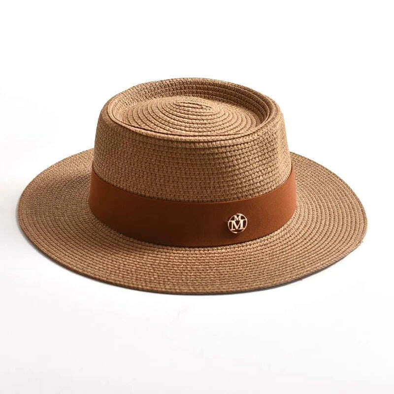 New Summer Straw Sun Hats for Women Ladies Fashion Flat Brim Ribbon Beach Hat Travel Dress Cap chapeau femme - KIMLUD