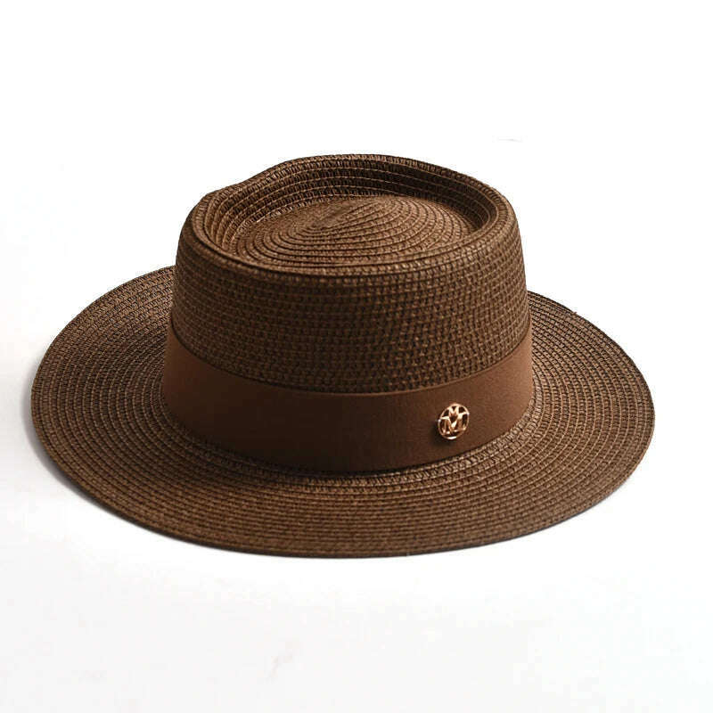 New Summer Straw Sun Hats for Women Ladies Fashion Flat Brim Ribbon Beach Hat Travel Dress Cap chapeau femme - KIMLUD