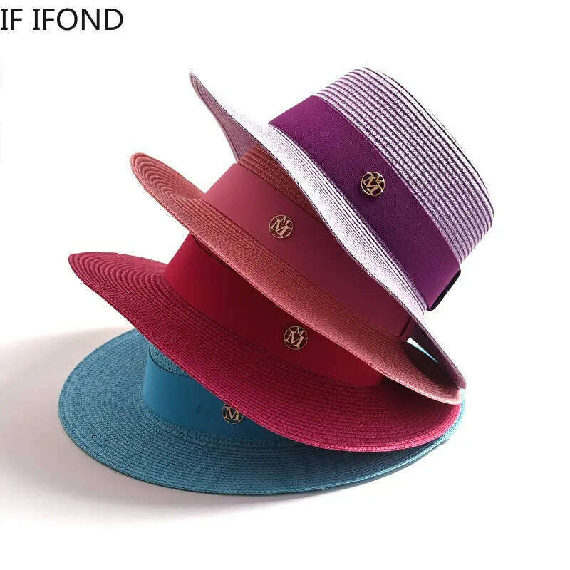 New Summer Straw Sun Hats for Women Ladies Fashion Flat Brim Ribbon Beach Hat Travel Dress Cap chapeau femme - KIMLUD