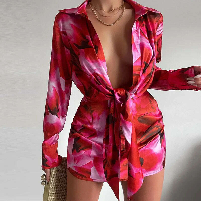 KIMLUD, New Women's Sexy V-Neck Long Sleeve Lace Up Short Dress Elegant Chic Women Dresses Formal Occasion Dresses, KIMLUD Womens Clothes