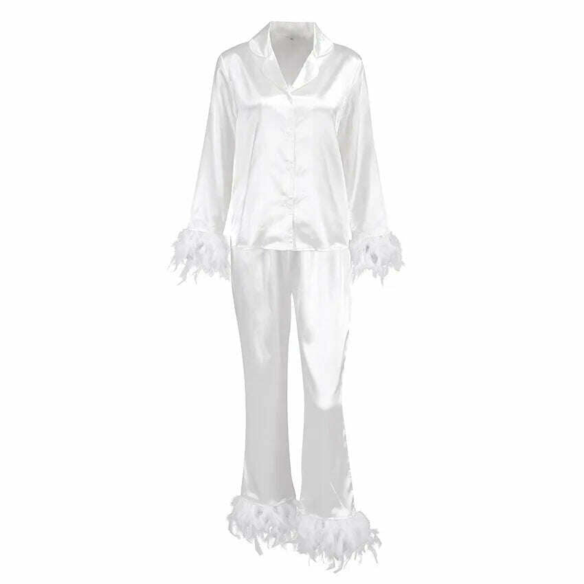 NHKDSASA Feathers Sleepwear Female 2 Piece Set Long Sleeve Turn Down Collar Tops Satin Casual Women Sets With Pants Summer 2022 - KIMLUD