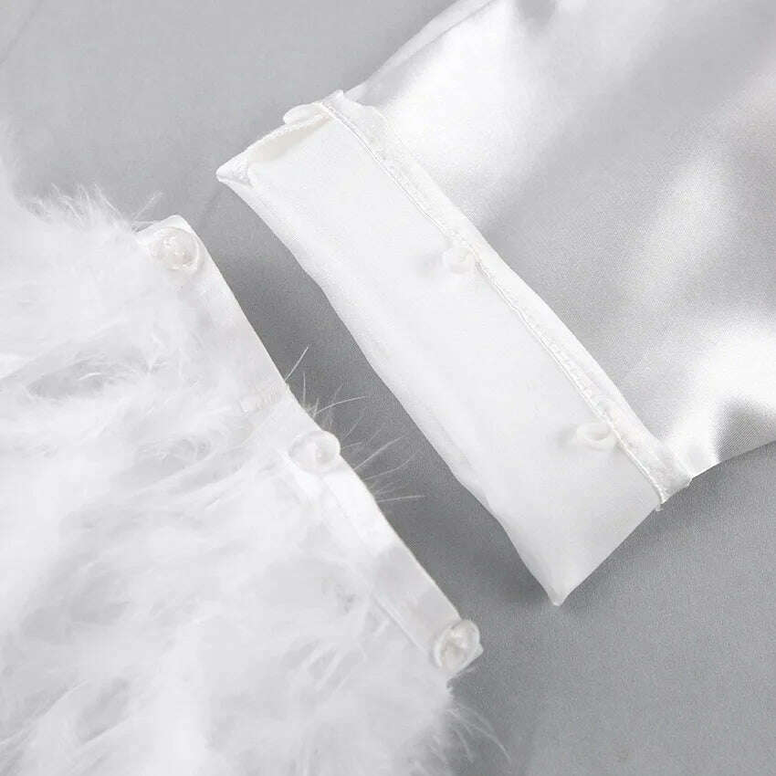 NHKDSASA Feathers Sleepwear Female 2 Piece Set Long Sleeve Turn Down Collar Tops Satin Casual Women Sets With Pants Summer 2022 - KIMLUD