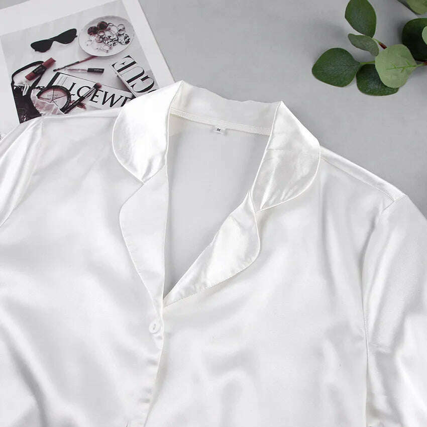 NHKDSASA Feathers Sleepwear Female 2 Piece Set Long Sleeve Turn Down Collar Tops Satin Casual Women Sets With Pants Summer 2022 - KIMLUD