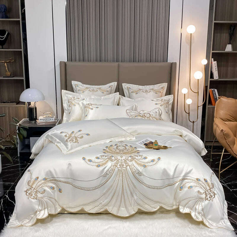 Nordic Bedding Set Luxury Gold Feather Embroidery 100 Egyptian Cotton Double Duvet Cover Bed Sheets and Pillowcases Bed Set - KIMLUD