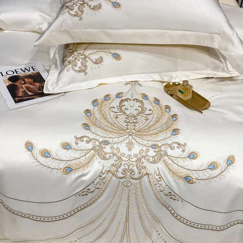Nordic Bedding Set Luxury Gold Feather Embroidery 100 Egyptian Cotton Double Duvet Cover Bed Sheets and Pillowcases Bed Set - KIMLUD