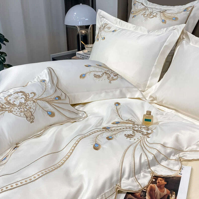 Nordic Bedding Set Luxury Gold Feather Embroidery 100 Egyptian Cotton Double Duvet Cover Bed Sheets and Pillowcases Bed Set - KIMLUD