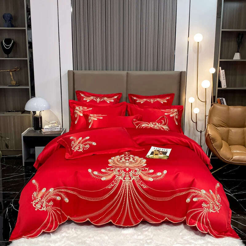 Nordic Bedding Set Luxury Gold Feather Embroidery 100 Egyptian Cotton Double Duvet Cover Bed Sheets and Pillowcases Bed Set - KIMLUD