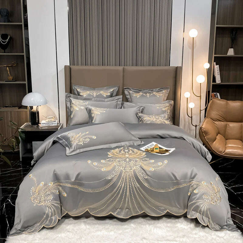 Nordic Bedding Set Luxury Gold Feather Embroidery 100 Egyptian Cotton Double Duvet Cover Bed Sheets and Pillowcases Bed Set - KIMLUD