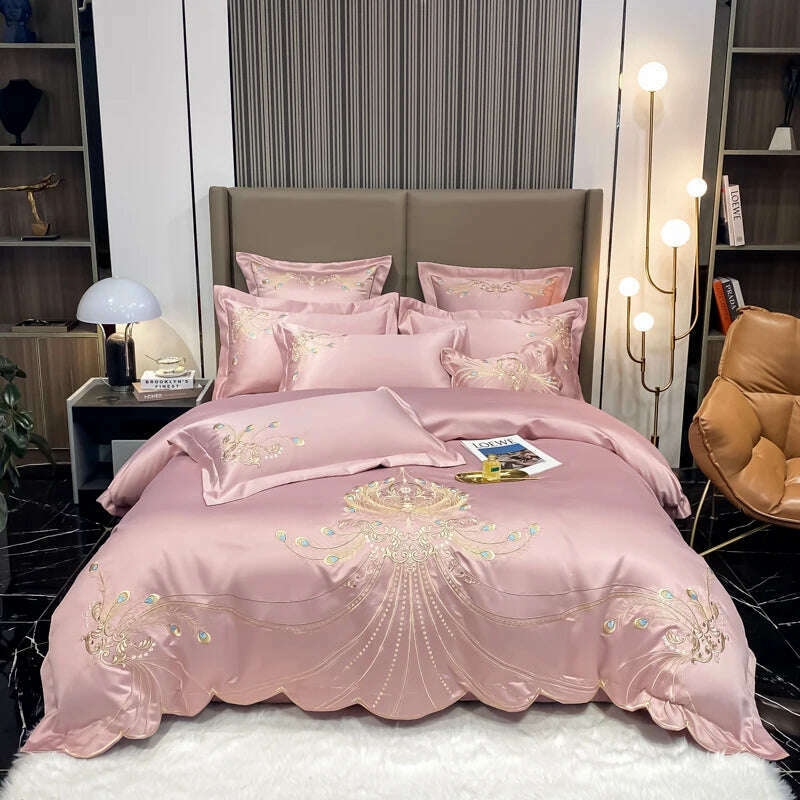 Nordic Bedding Set Luxury Gold Feather Embroidery 100 Egyptian Cotton Double Duvet Cover Bed Sheets and Pillowcases Bed Set - KIMLUD