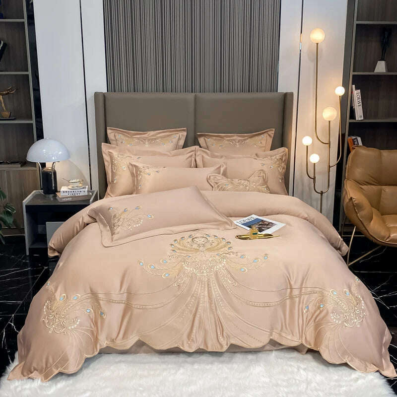 Nordic Bedding Set Luxury Gold Feather Embroidery 100 Egyptian Cotton Double Duvet Cover Bed Sheets and Pillowcases Bed Set - KIMLUD