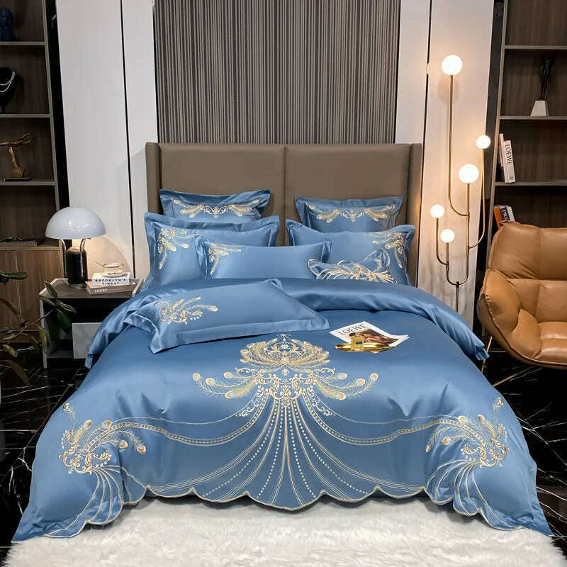 Nordic Bedding Set Luxury Gold Feather Embroidery 100 Egyptian Cotton Double Duvet Cover Bed Sheets and Pillowcases Bed Set - KIMLUD