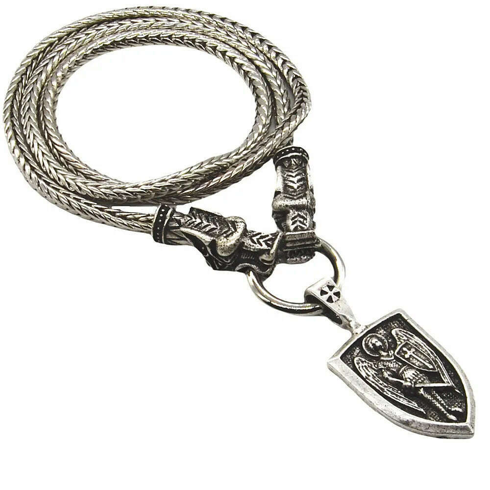 Nostalgia Archangel Michael Protect Us Saint Shield Pendant Wolf Head Amulet Talisman Metal Chain Viking Necklace Accessoires - KIMLUD