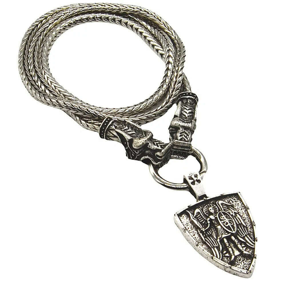 Nostalgia Archangel Michael Protect Us Saint Shield Pendant Wolf Head Amulet Talisman Metal Chain Viking Necklace Accessoires - KIMLUD