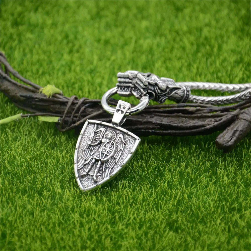 Nostalgia Archangel Michael Protect Us Saint Shield Pendant Wolf Head Amulet Talisman Metal Chain Viking Necklace Accessoires - KIMLUD
