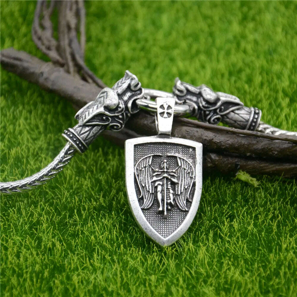 Nostalgia Archangel Michael Protect Us Saint Shield Pendant Wolf Head Amulet Talisman Metal Chain Viking Necklace Accessoires - KIMLUD