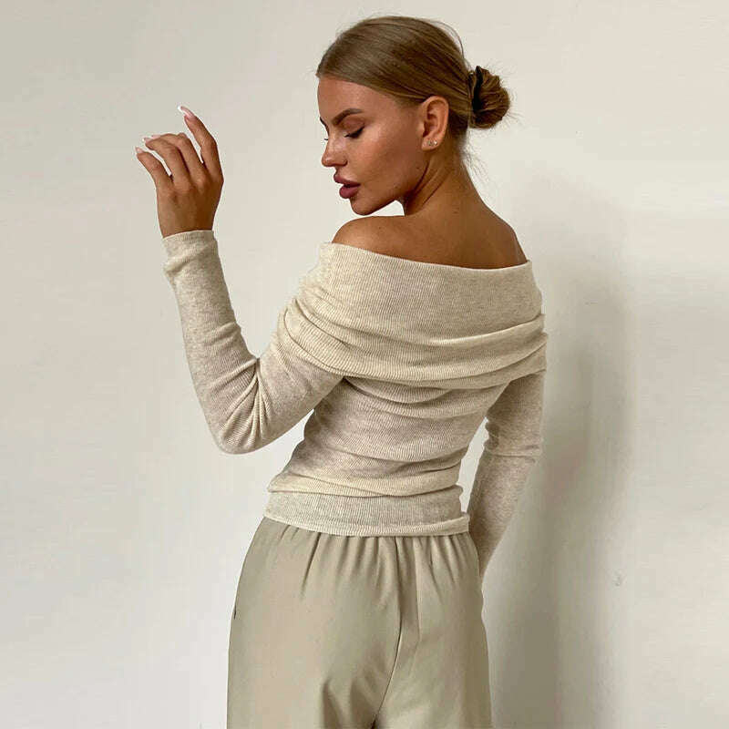 Off Shoulder Sweater Women Winter Wool Cashmere Sweater Slash Neck Long Sleeve Knitted Top Female Jumper Sweaters Knitwear - KIMLUD