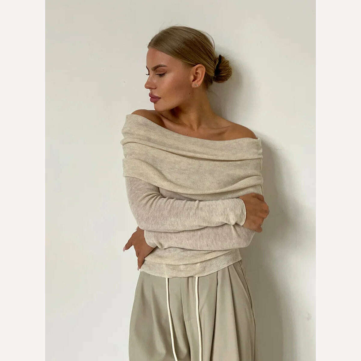Off Shoulder Sweater Women Winter Wool Cashmere Sweater Slash Neck Long Sleeve Knitted Top Female Jumper Sweaters Knitwear - KIMLUD