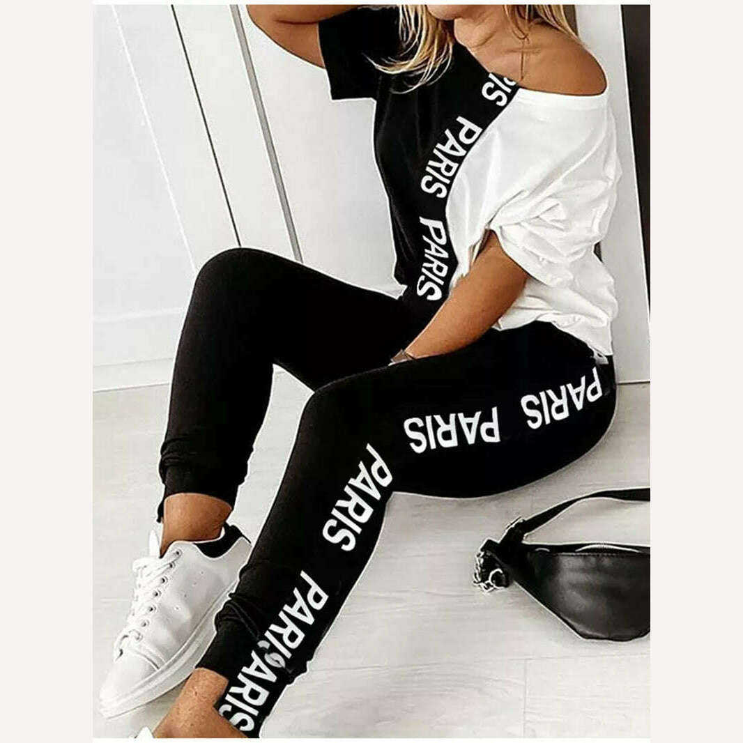 Off Shoulder Tracksuit Women Two Piece Set Summer Clothes Letter Print Colorblock Tshirt Top Long Pants Suit Women Set Outfits - KIMLUD